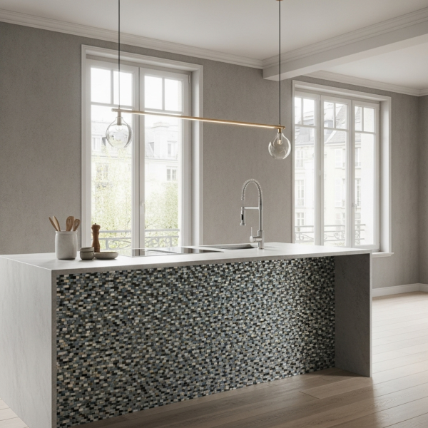 Création d’un espace cuisine moderne à Villeurbanne avec crédence en mosaïque haut de gamme et carrelage mural effet béton